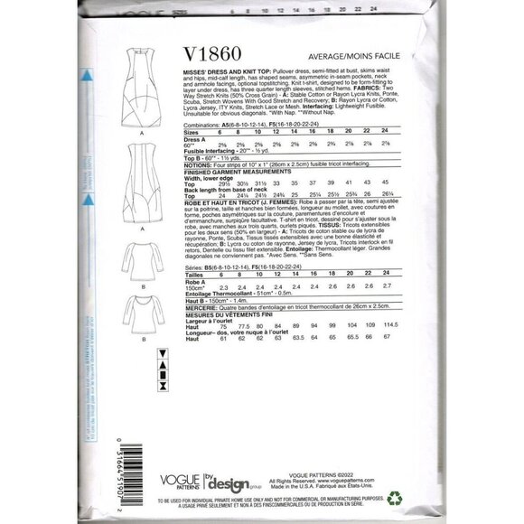 Vogue V1860 Misses 16 to 24 Marcy Tilton Dress and Top Sewing Pattern New - Picture 2 of 2